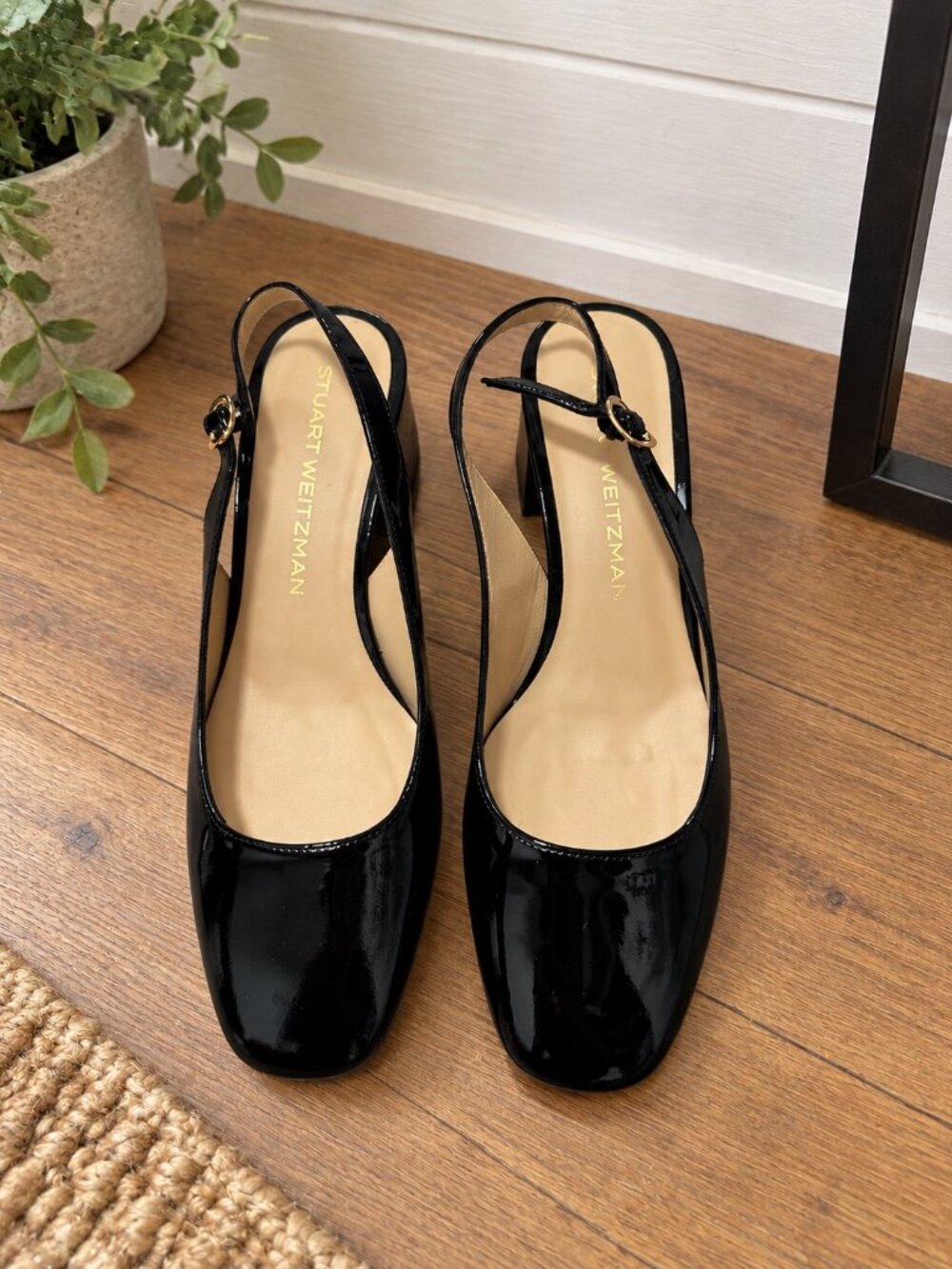 Stuart Weitzman Women's Black Patent Slingback Block Heel Pumps Size 7.5AA